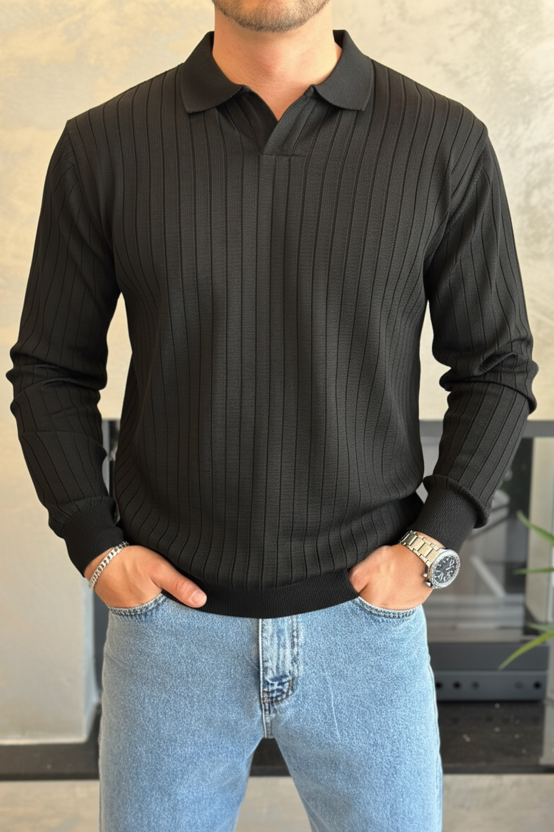 Erkek Regular Fit Polo Yaka Fitilli Triko Kazak Siyah Eca046
