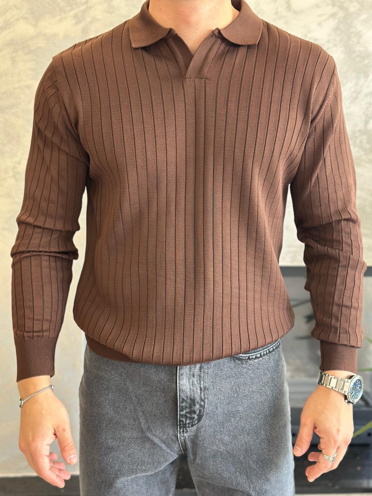 Erkek Regular Fit Polo Yaka Fitilli Triko Kazak Acı Kahve  Eca046