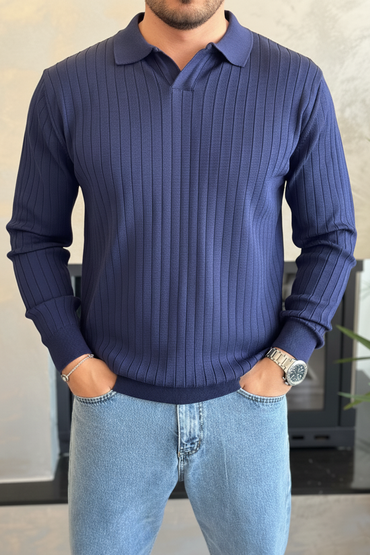 Erkek Regular Fit Polo Yaka Fitilli Triko Kazak Lacivert Eca046