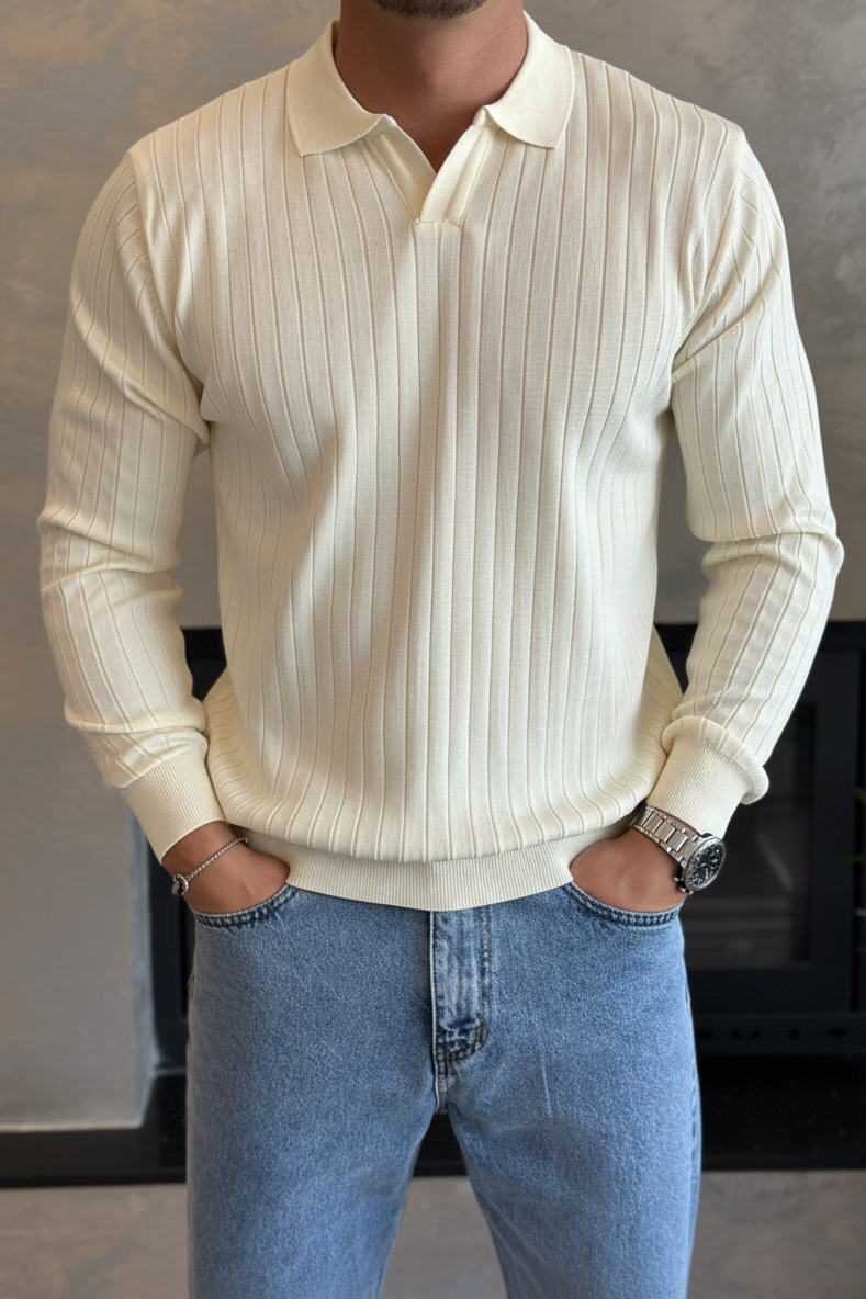 Erkek Regular Fit Polo Yaka Fitilli Triko Kazak Krem Eca046
