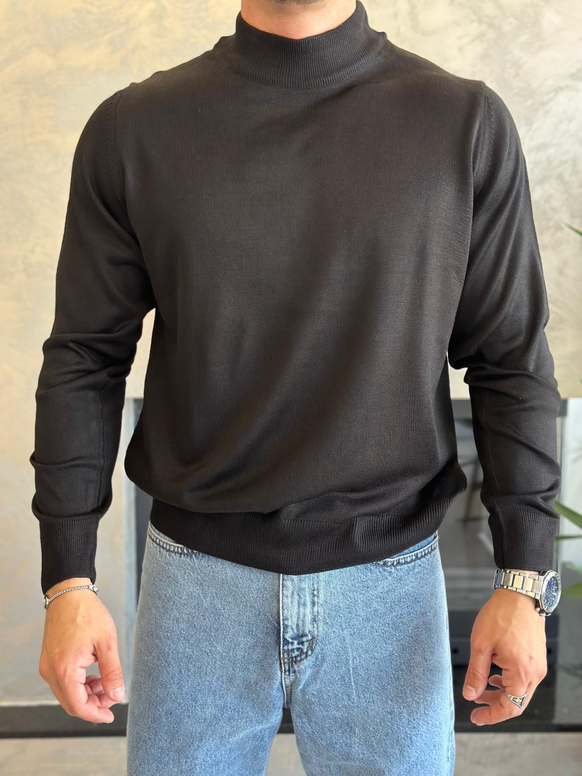 Erkek Regular Fit Yarım Balıkçı Yaka Triko Kazak Siyah Eca042