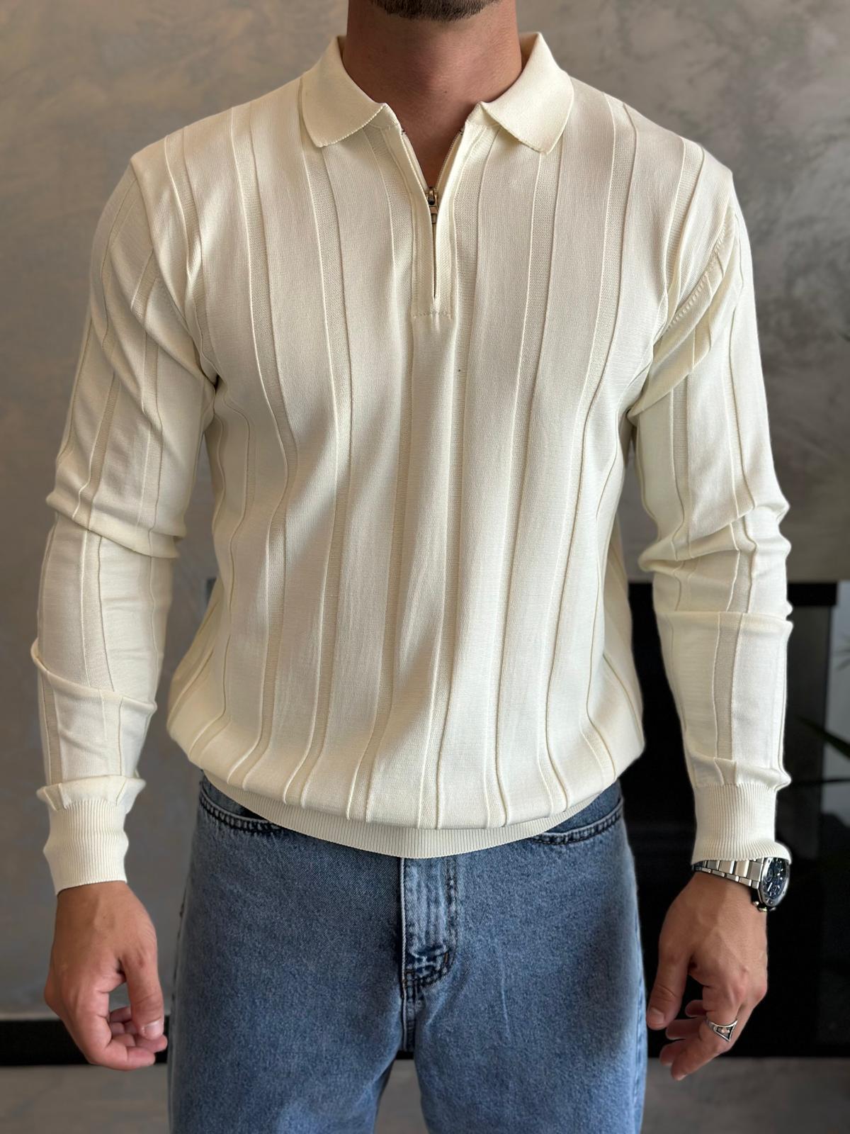 Erkek Regular Fit Yarım Fermuarlı  Fitilli Triko Kazak Krem Eca047