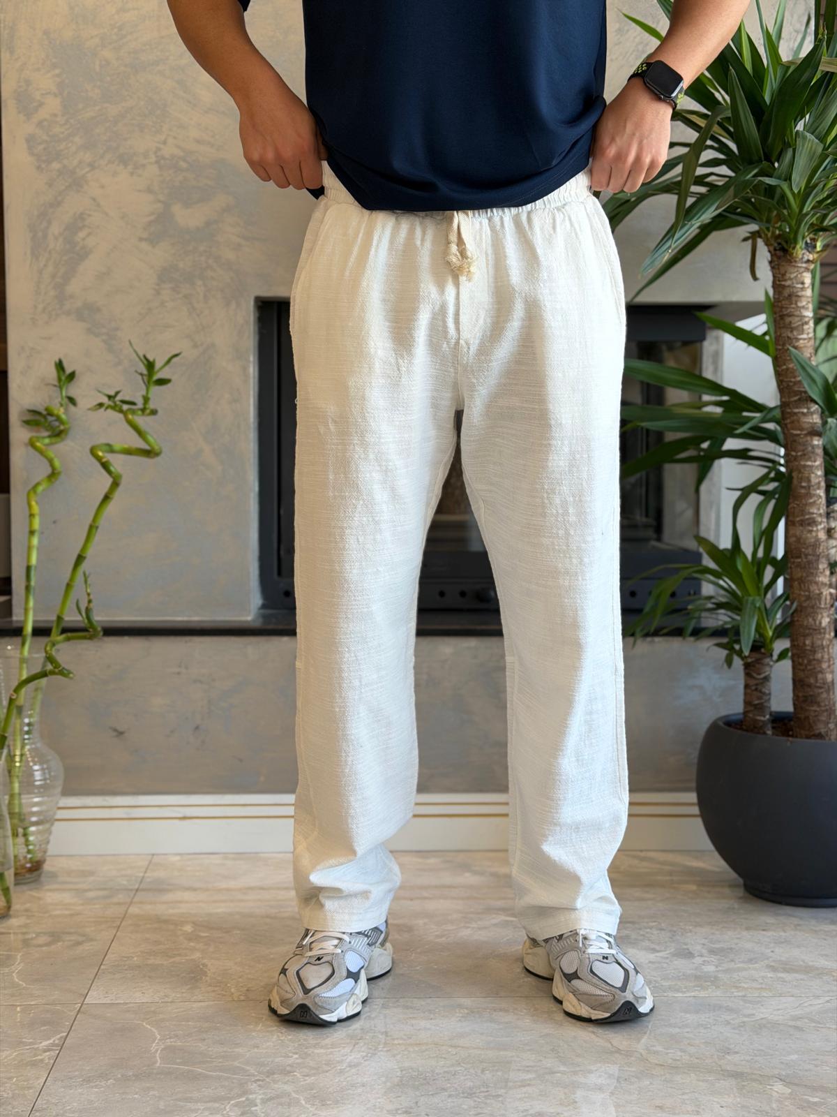 Erkek Relaxed Fit Beli Lastik ve Bağcıklı Keten Pantolon Beyaz Eca062