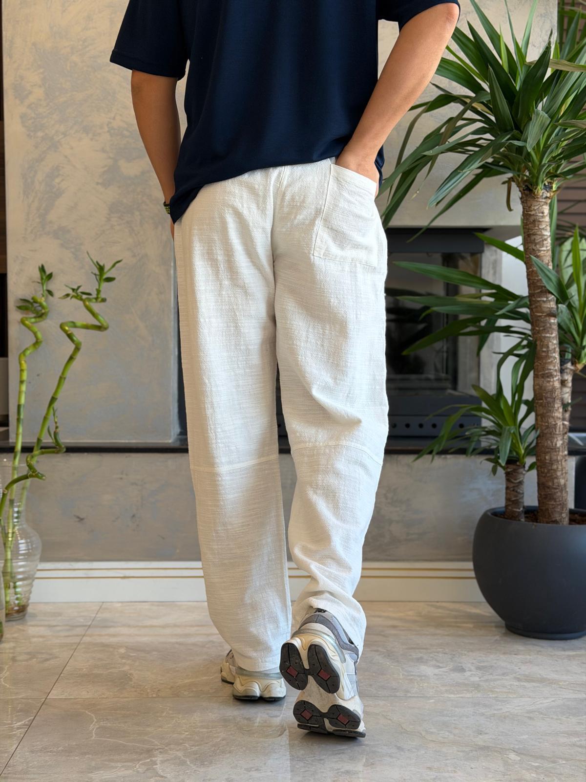 Erkek Relaxed Fit Beli Lastik ve Bağcıklı Keten Pantolon Beyaz Eca062 · 7
