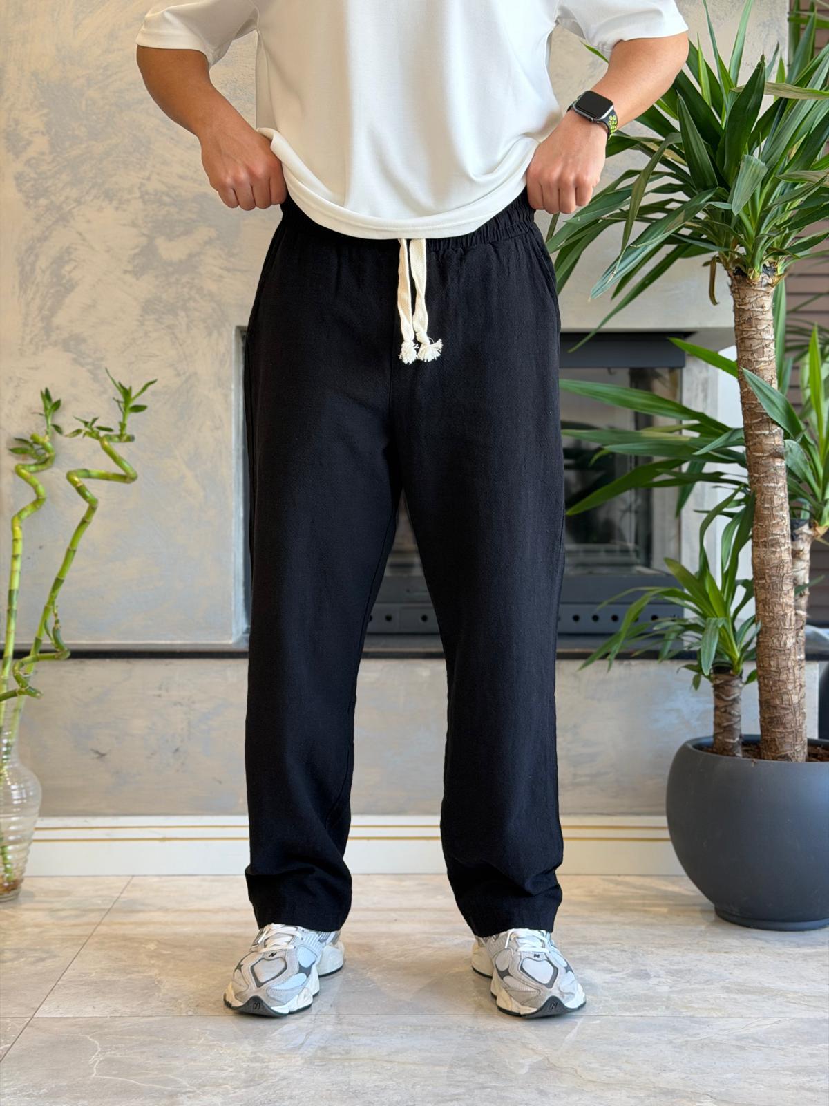 Erkek Relaxed Fit Beli Lastik ve Bağcıklı Keten Pantolon Siyah Eca062