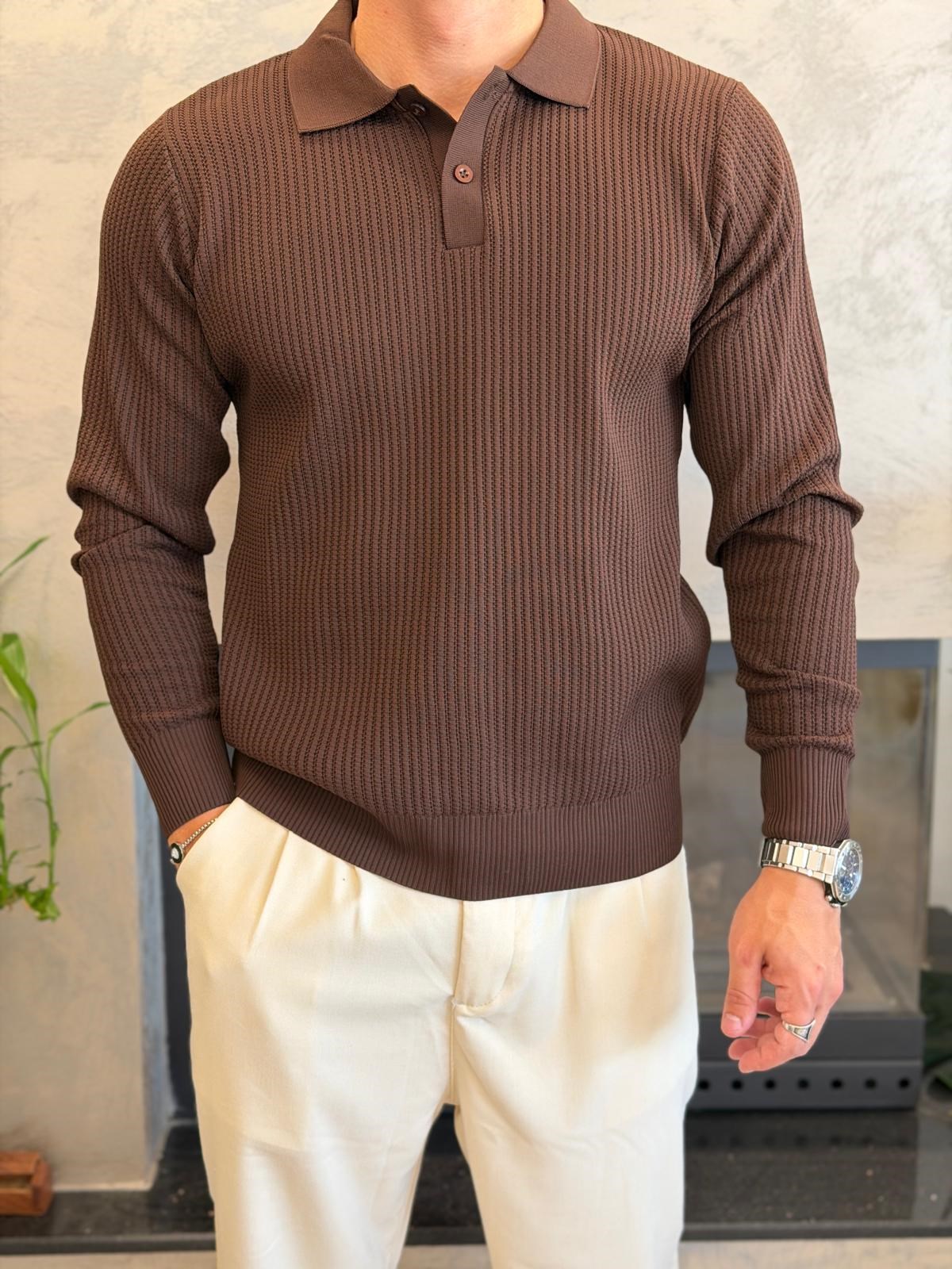 Erkek Relaxed Fit Düğme Kapama Polo Kazak Acı Kahve Eca090