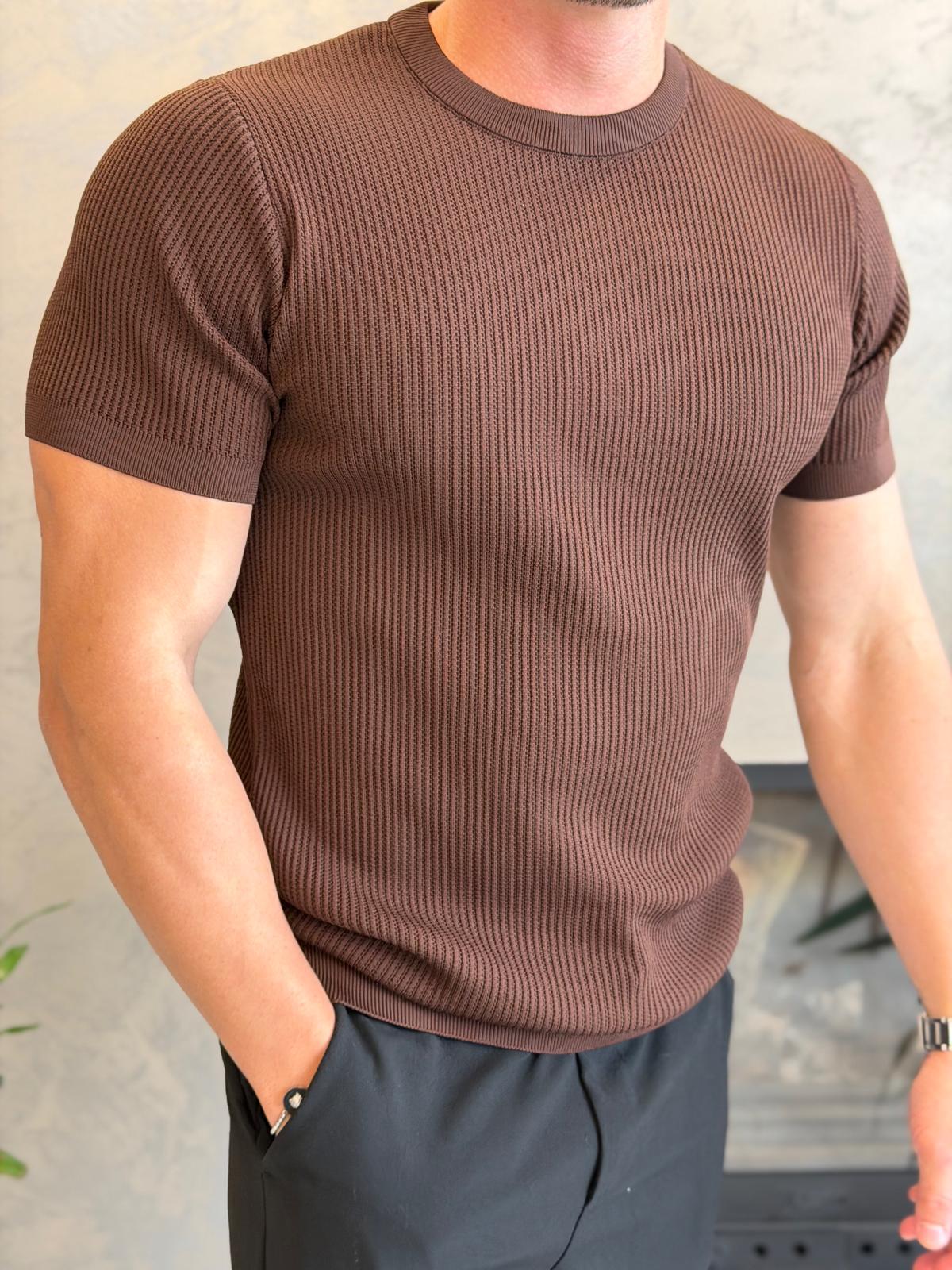 Erkek Relaxed Fit Fitilli Triko Tshirt Acı Kahve Eca069