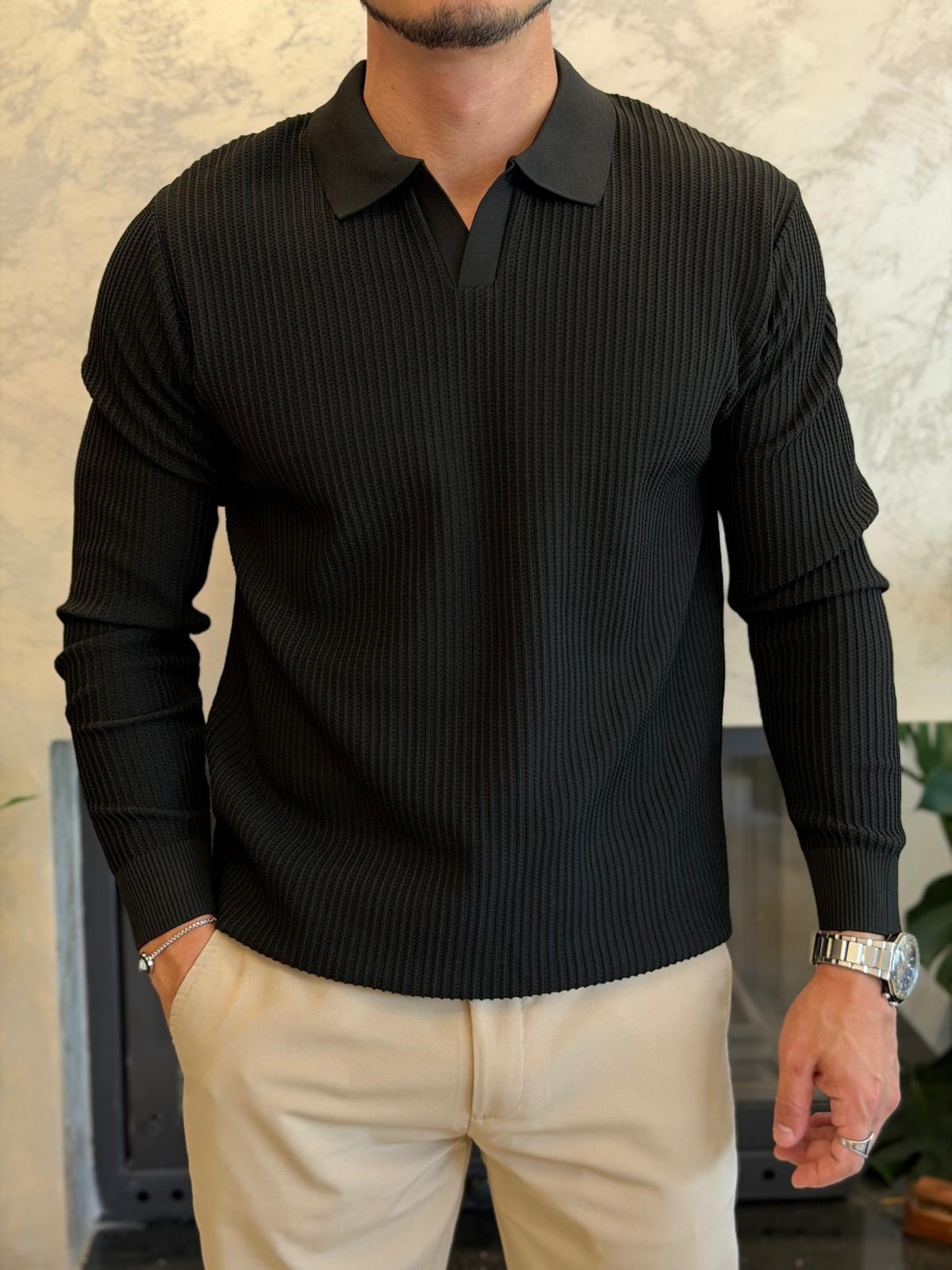 Erkek Relaxed Fit  Kapamasız Polo Kazak Siyah Eca092