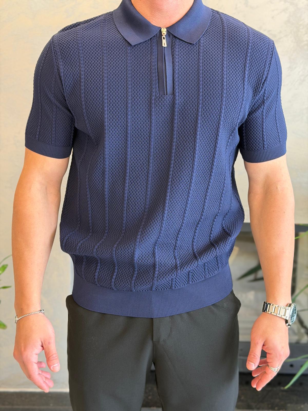 Erkek Relaxed Fit Petek Dokulu Triko Tshirt Lacivert Eca075