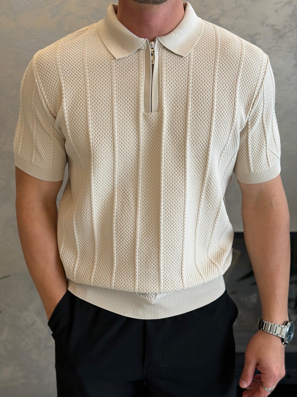 Erkek Relaxed Fit Petek Dokulu Triko Tshirt Bej Eca075