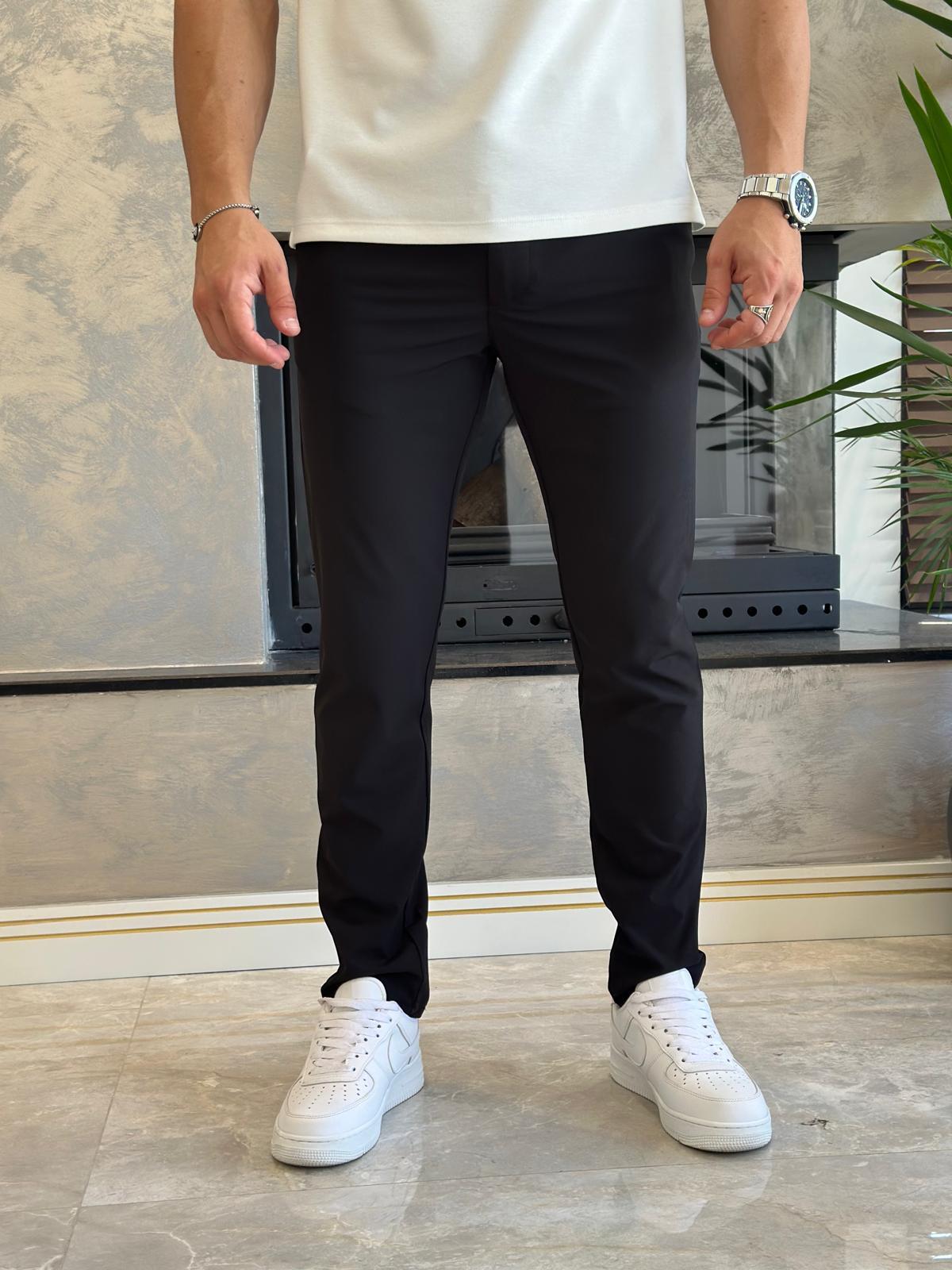 Erkek Slim Fit Kalıp Beli Lastikli  ve Bağcıklı Paraşüt Kumaş Pantolon Siyah  Eca041