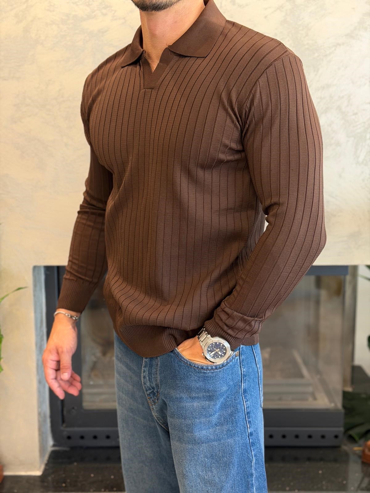 Erkek Slim Fit  Kapamasız Polo Kazak Acı Kahve Eca093 · 2