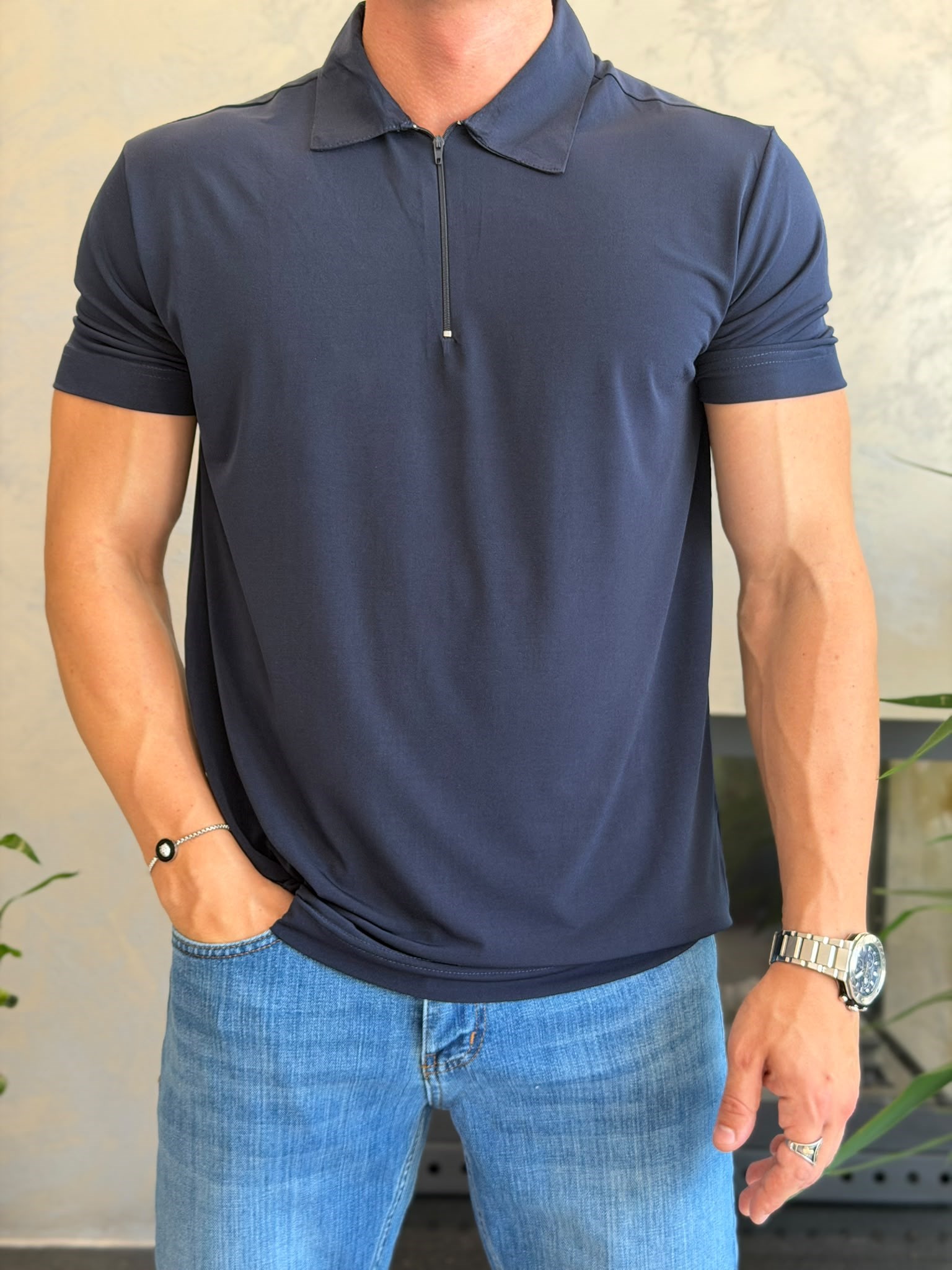 Erkek Soft Touch Fermuarlı Polo Tshirt  Lacivert Eca088