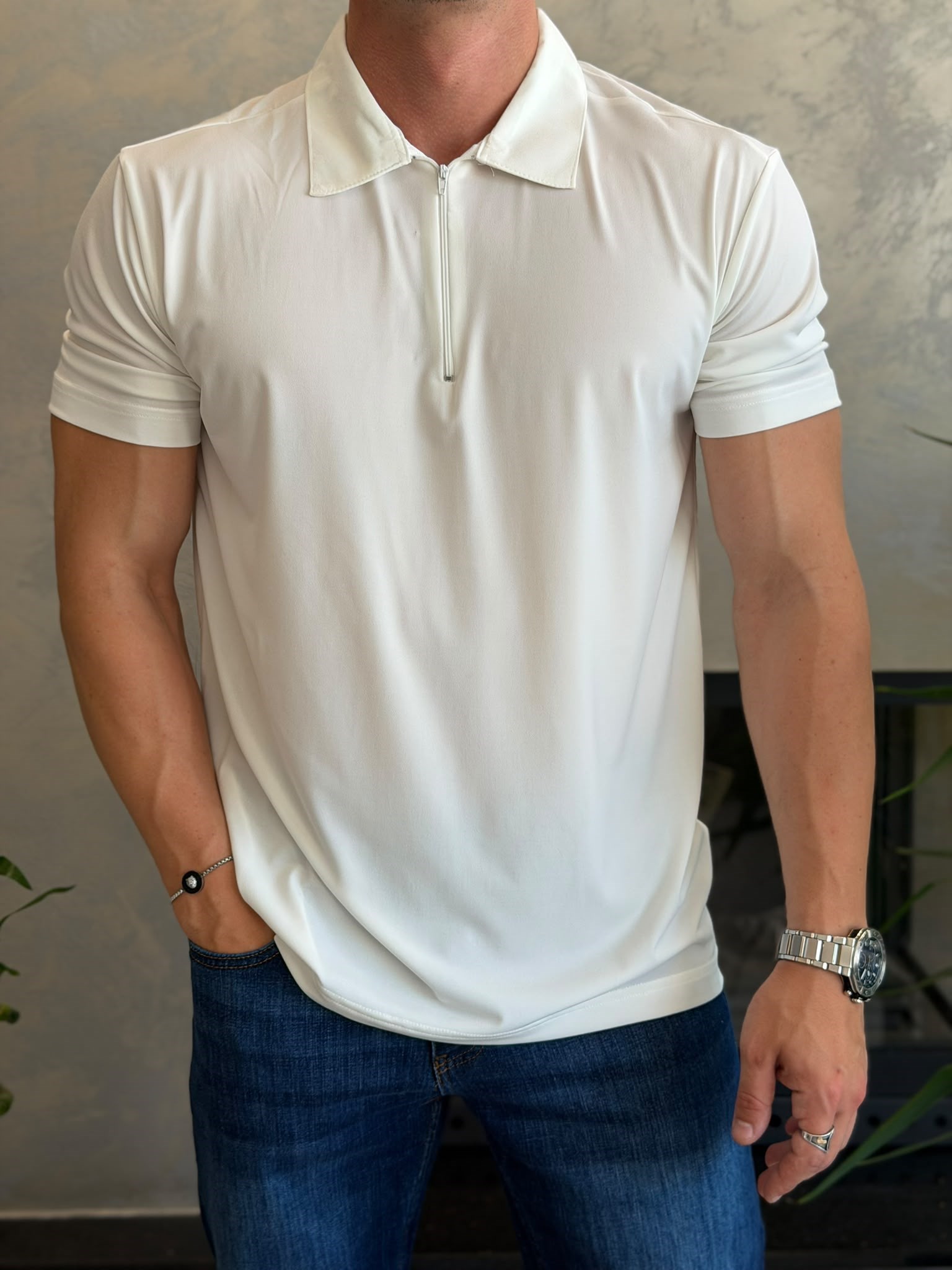 Erkek Soft Touch Fermuarlı Polo Tshirt Beyaz Eca088