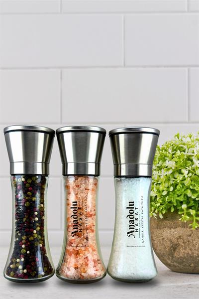 3'lü Set Metal Başlıklı Karabiber Cam Değirmen Öğütücü Seramik 235gr (TUZ DEĞİRMENİ) Dolu