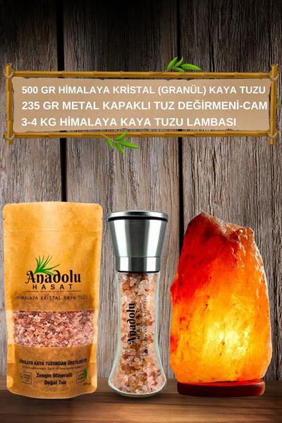 500Gr Himalaya Kaya Tuzu ( Granül), 235Gr Metal Tuz Değirmeni Cam, 3-4Kg Himalaya Kaya Tuzu Lambası