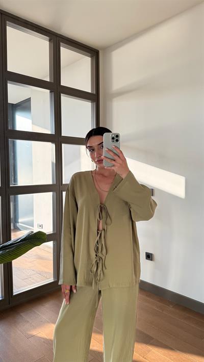 Bağlamalı Bluz Pantolon Yeşil Takım