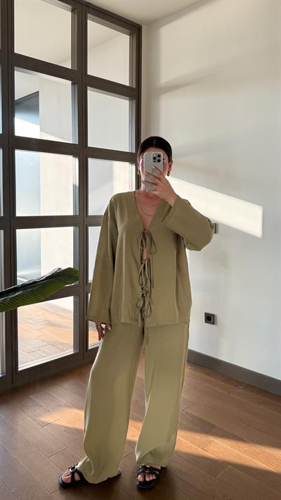 Bağlamalı Bluz Pantolon Yeşil Takım