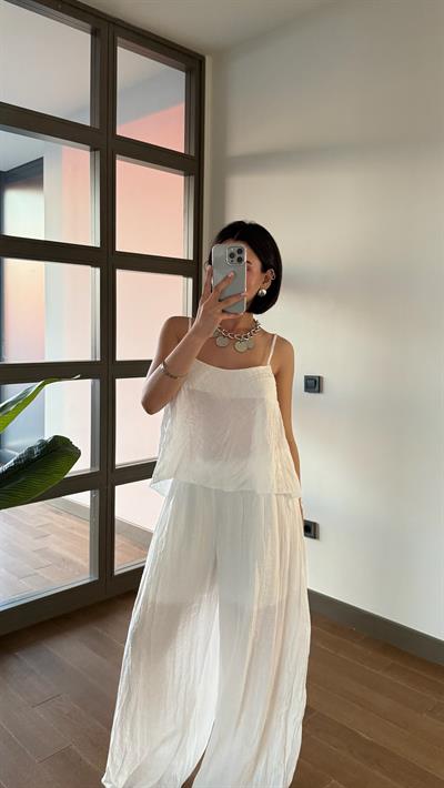 Beyaz Kırışık Bluz Pantolon Takım