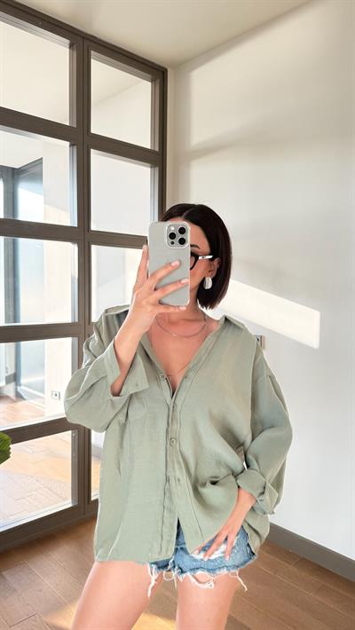 Çağla Yeşil Oversize Gömlek