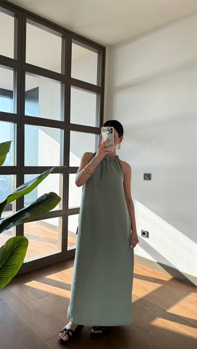 Çağla Yeşil Boyundan Bağlamalı Elbise