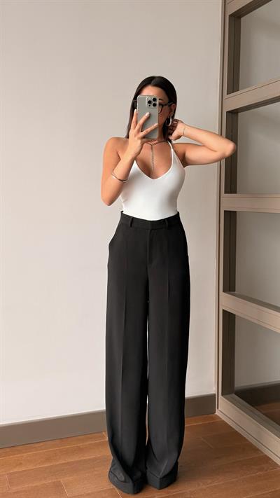 Paça Detaylı Siyah Palazzo