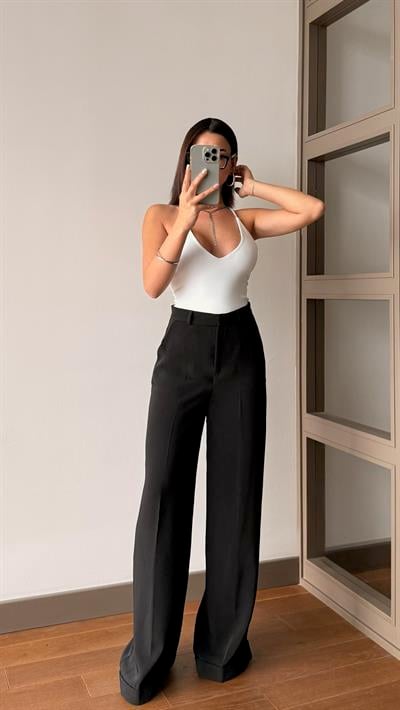 Paça Detaylı Siyah Palazzo