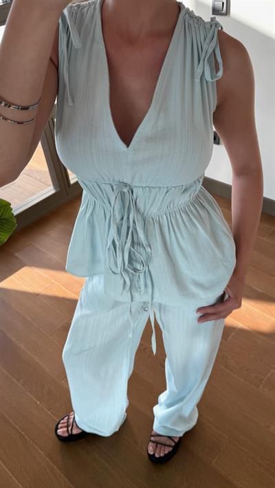 Mavi Lastik Detaylı Bluz Pantolon Takım