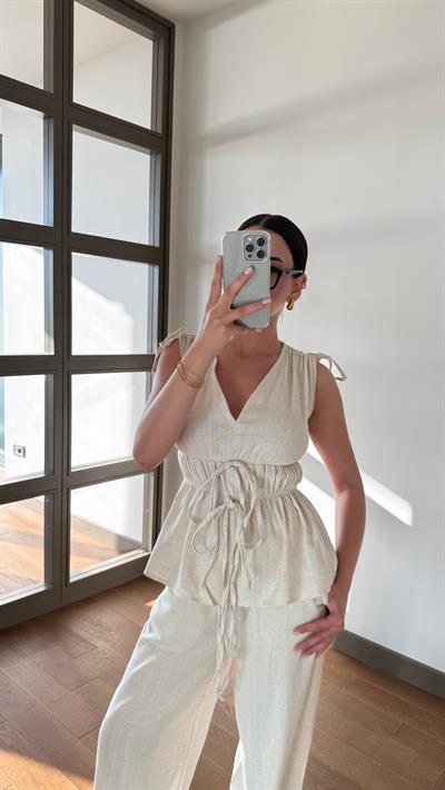 Naturel Lastik Detay Bluz Pantolon Takım