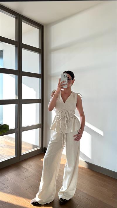 Naturel Lastik Detay Bluz Pantolon Takım