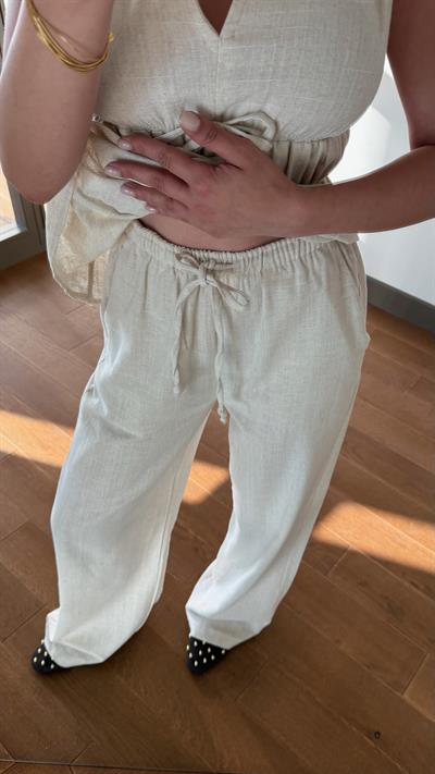 Naturel Lastik Detay Bluz Pantolon Takım