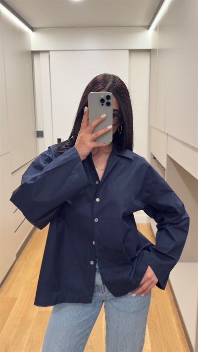 Oversize Poplin Kumaş Lacivert Gömlek