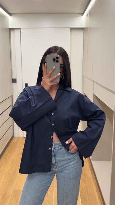 Oversize Poplin Kumaş Lacivert Gömlek