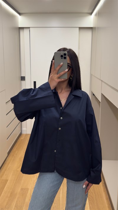 Oversize Poplin Kumaş Lacivert Gömlek
