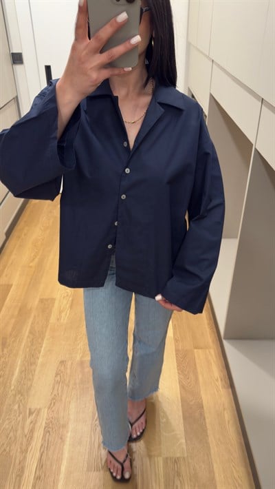 Oversize Poplin Kumaş Lacivert Gömlek