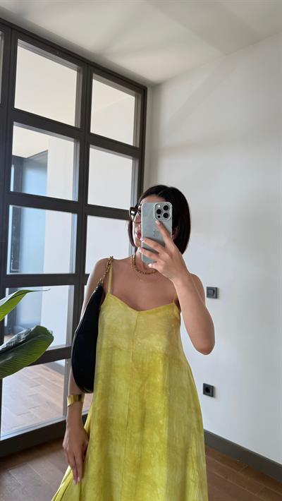 Premium Askılı Sarı Elbise