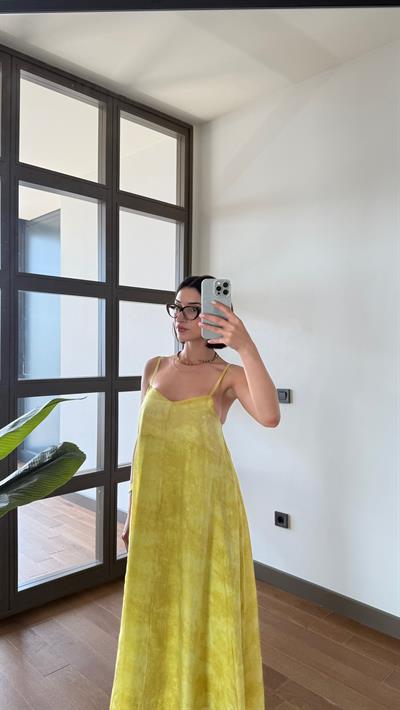 Premium Askılı Sarı Elbise