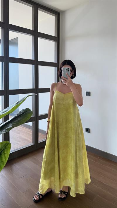 Premium Askılı Sarı Elbise