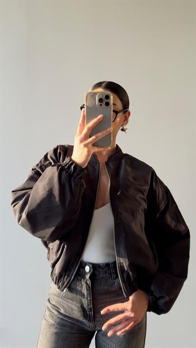 Siyah Kısa Bomber Ceket