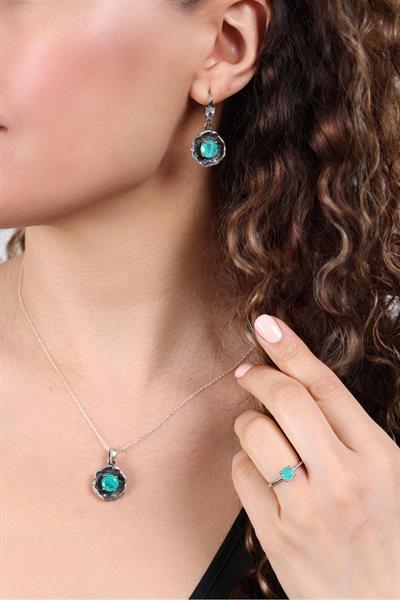 Kolye, Küpe, Yüzük ( 3 lü Gümüş Set ) Paraiba Taşlı, ) 925 Ayar Gümüş