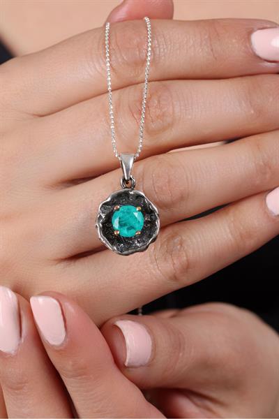 Kolye, Paraiba Taşlı Kolye, Beyaz Altın Kaplama zincir