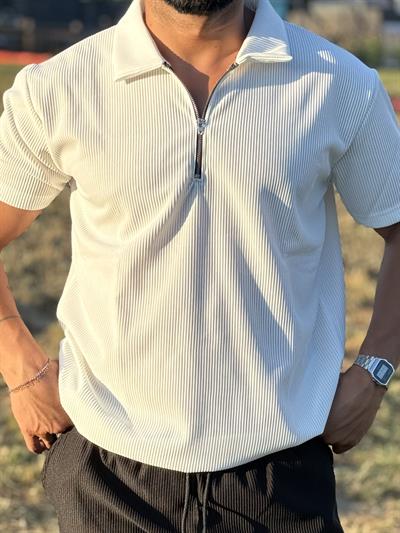 Beyaz Fermuarlı Polo Yaka T-Shirt