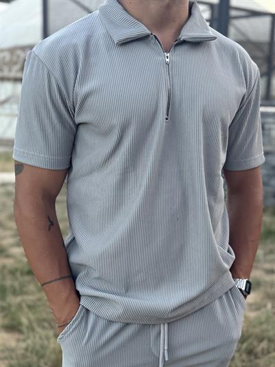 Gri Fermuarlı Polo Yaka T-Shirt