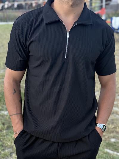 Siyah Fermuarlı Polo Yaka T-Shirt