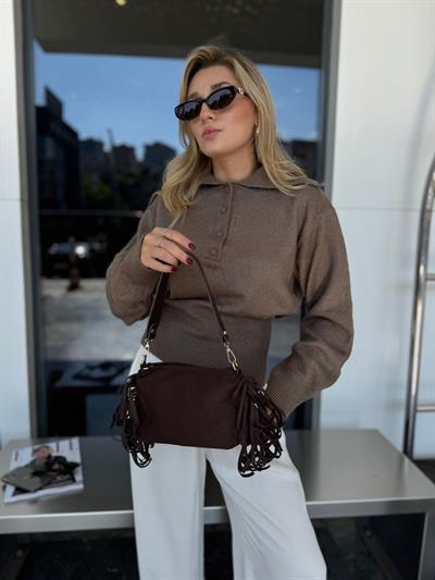 Acı Kahve Süet Püsküllü Çapraz Askılı Çanta