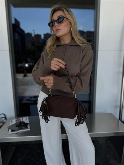 Acı Kahve Süet Püsküllü Çapraz Askılı Çanta