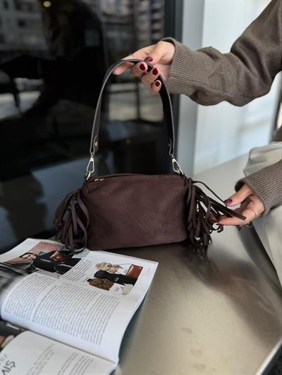 Acı Kahve Süet Püsküllü Çapraz Askılı Çanta