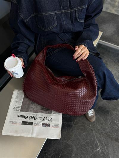 Bordo Örgü Desen Büyük Boy Çanta