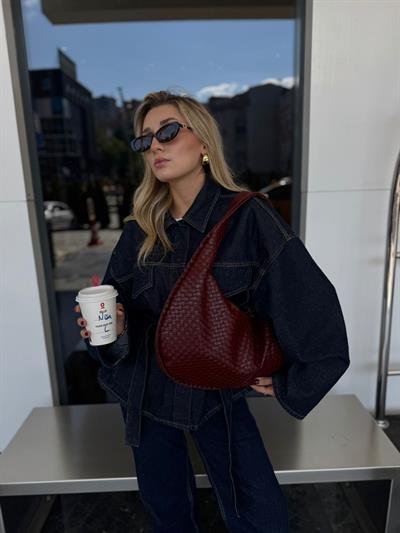 Bordo Örgü Desen Büyük Boy Çanta