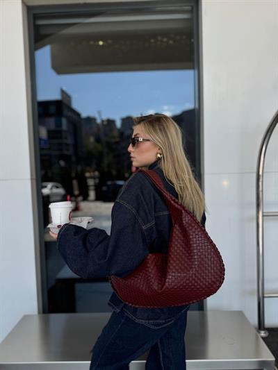 Bordo Örgü Desen Büyük Boy Çanta